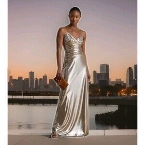 NEW Lauren Ralph Lauren Metallic Gold Taupe Size 8 Cocktail Evening Dress Gown